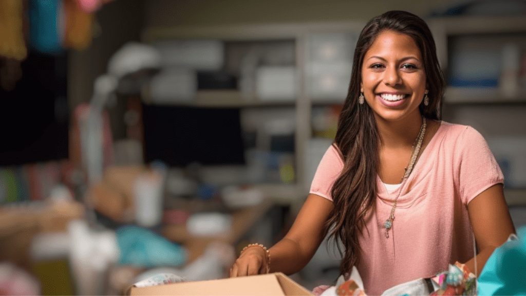 Girl is there on the image to the right side who is sitting in the office and smiling while looking in Camera.