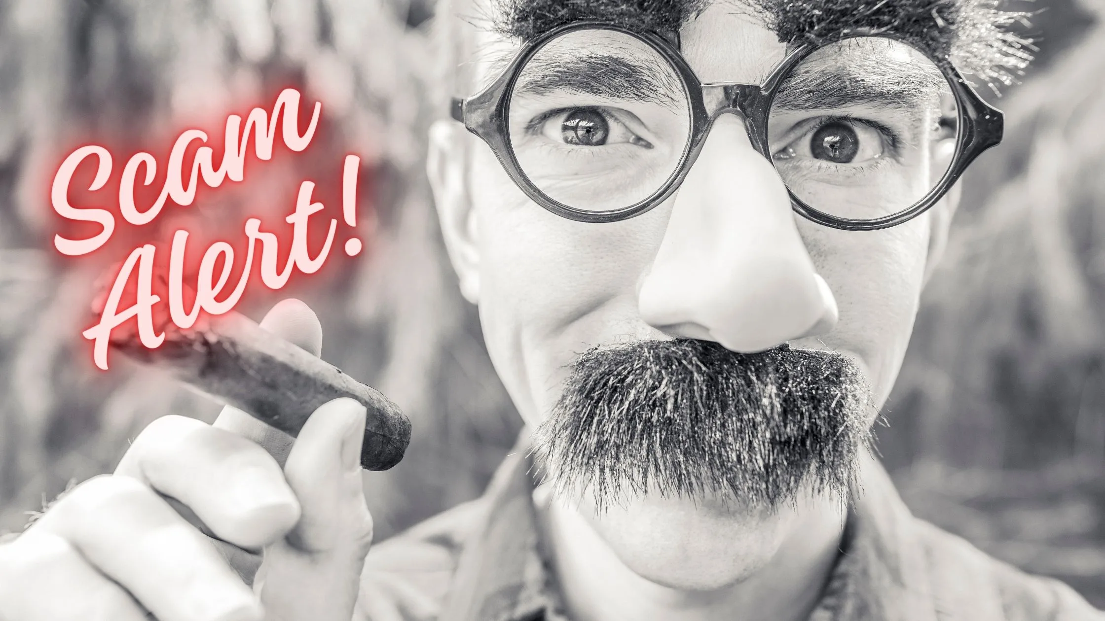 In the Image Man's face is there in the right holding cigar with specs and fake mustache. and in the right on the top with the neon red it is written "Scam Alter!"